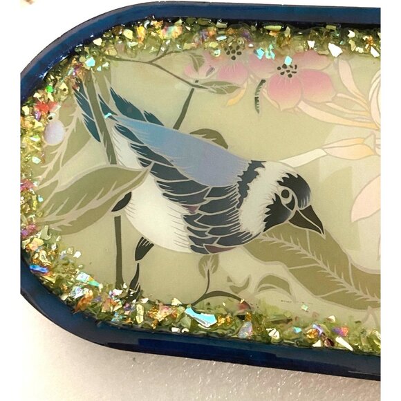Handcrafted Bird with Flowers Resin Oval Tray with Crystals Rich Cobalt Back - Picture 3 of 8